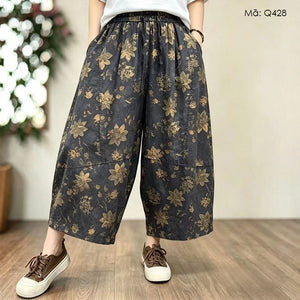 Quần baggy denim lửng in hoa - Q428
