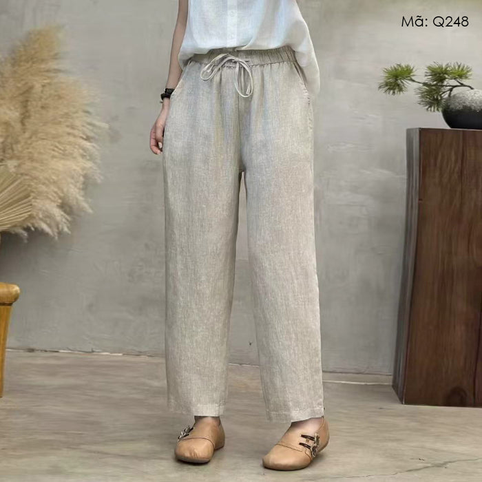 Quần baggy linen lưng thun ống đứng đơn sắc - Q248