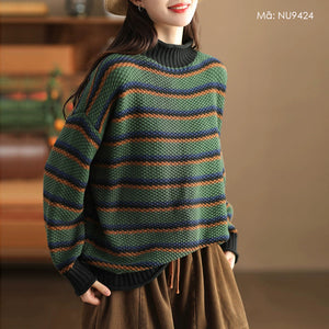Áo len đan dài tay cao cổ kẻ sọc màu sắc - NU9424