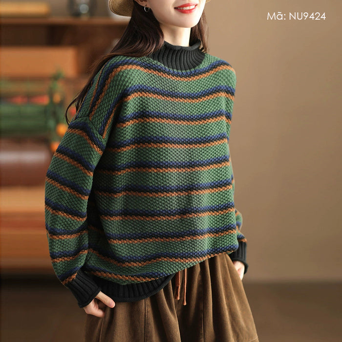 Áo len đan dài tay cao cổ kẻ sọc màu sắc - NU9424
