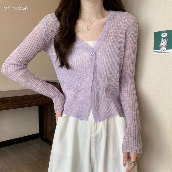 Áo khoác cardigan len dệt kim dài tay cổ V vạt lượn sóng - NU9120