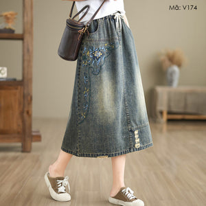 Chân váy denim thêu hoa dây rút - V174