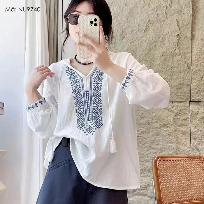 Áo hoodies sơ mi linen dài tay thêu hoa văn retro đối xứng - NU9740