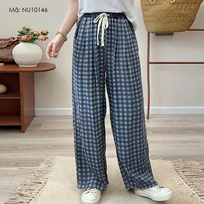 Quần baggy denim lưng thun dây rút kẻ caro - NU10146