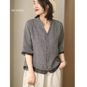 Áo sơ mi linen ngắn tay cổ đứng xẻ V kẻ caro - NU9020