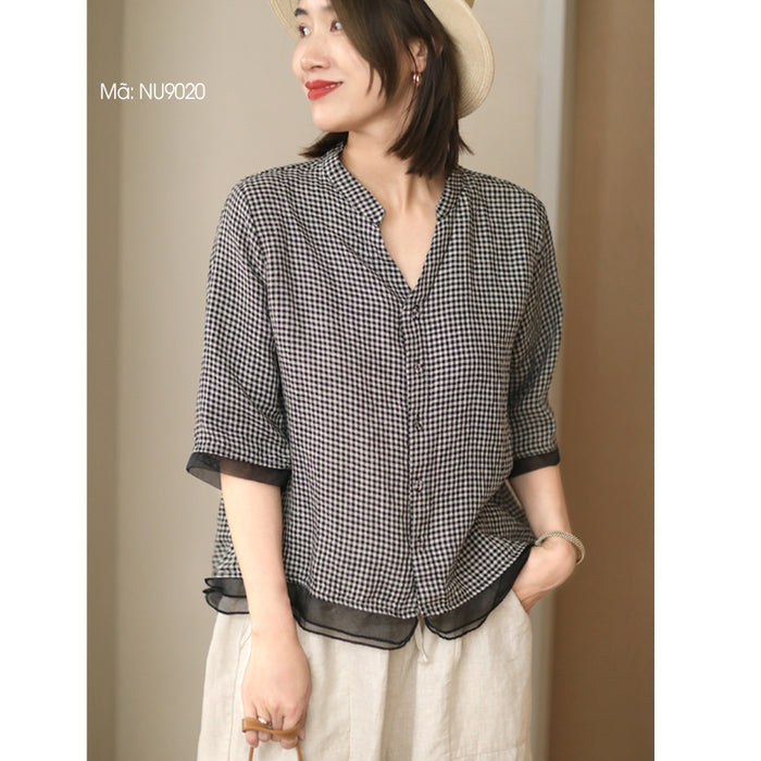 Áo sơ mi linen ngắn tay cổ đứng xẻ V kẻ caro - NU9020
