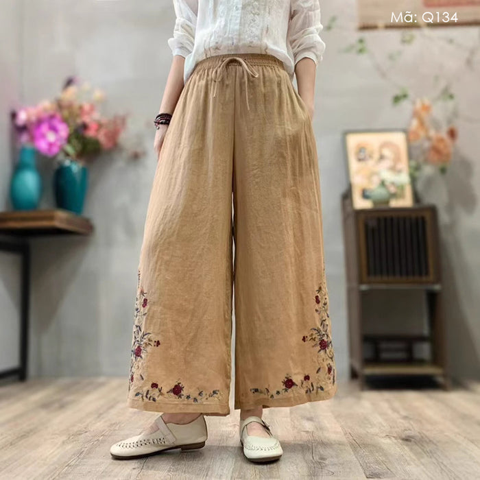 Quần baggy linen lưng thun dây rút ống rộng thêu dây hoa - Q134