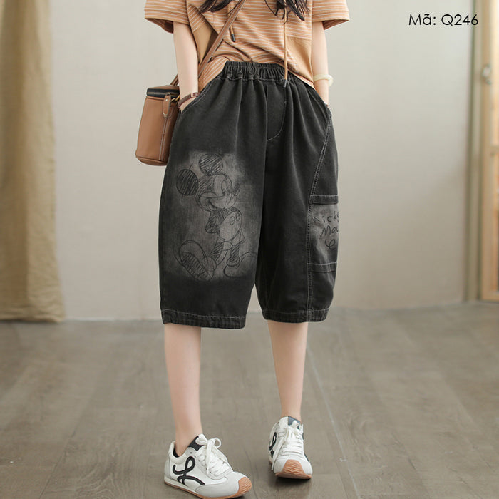Quần sooc denim lưng thun in chuột mickey - Q246