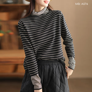 Áo T-shirt dài tay dệt kim cổ lọ kẻ sọc - A576