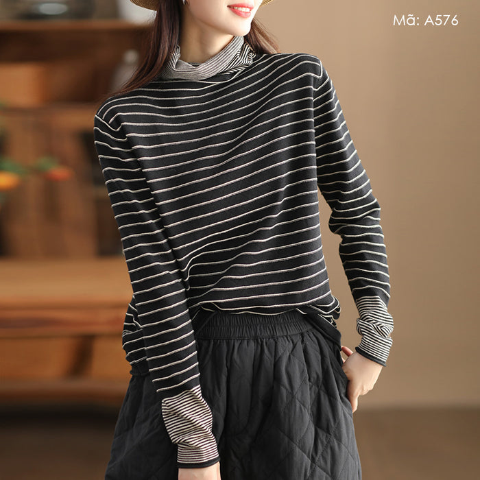 Áo T-shirt dài tay dệt kim cổ lọ kẻ sọc - A576