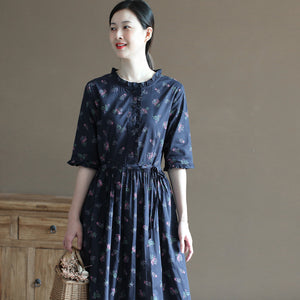 Đầm liền linen ngắn tay cổ đứng in những bó hoa liti - NU10017