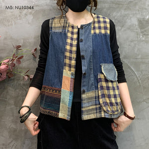 Áo khoác denim gile sát nách chắp vá caro - NU10344