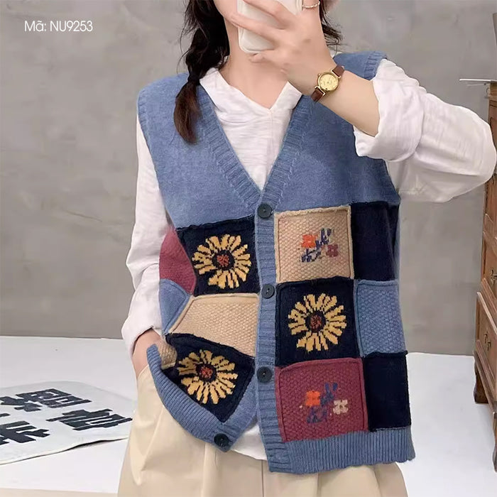 Áo khoác len gile sát nách cổ V ô màu những bông hoa - NU9253
