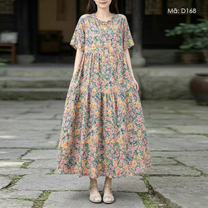 Đầm liền linen ngắn tay in hoa lá - D168