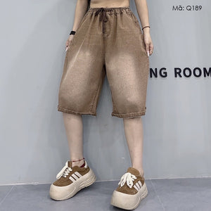 Quần sooc denim lưng thun dây rút kiểu bạc màu - Q189