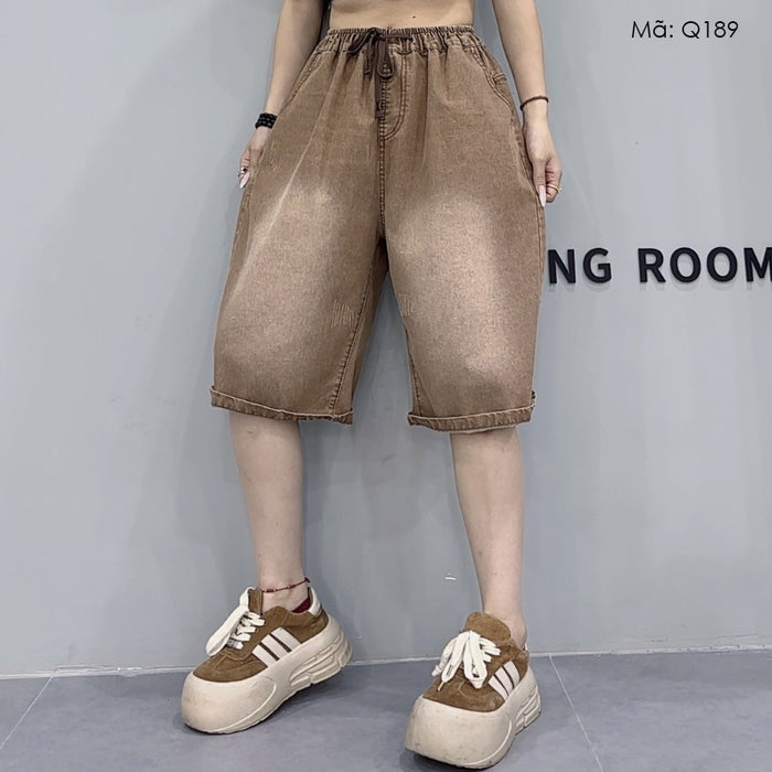 Quần sooc denim lưng thun dây rút kiểu bạc màu - Q189