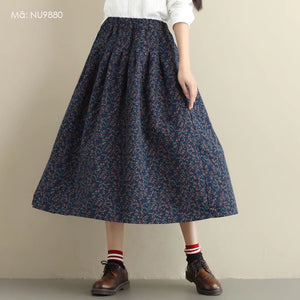 Chân váy chữ A retro lưng thun xếp ly in hoa liti - NU9880