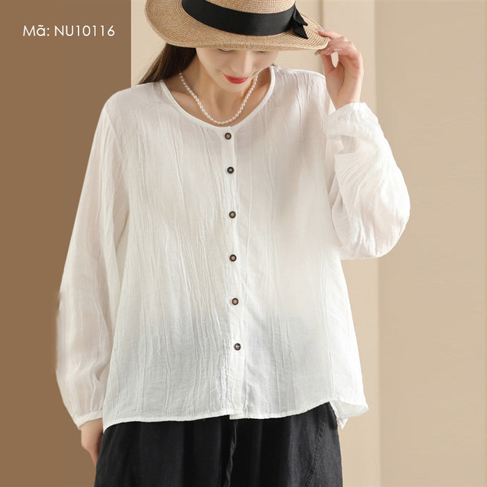 Áo sơ mi linen dài tay cổ tròn đơn sắc - NU10116