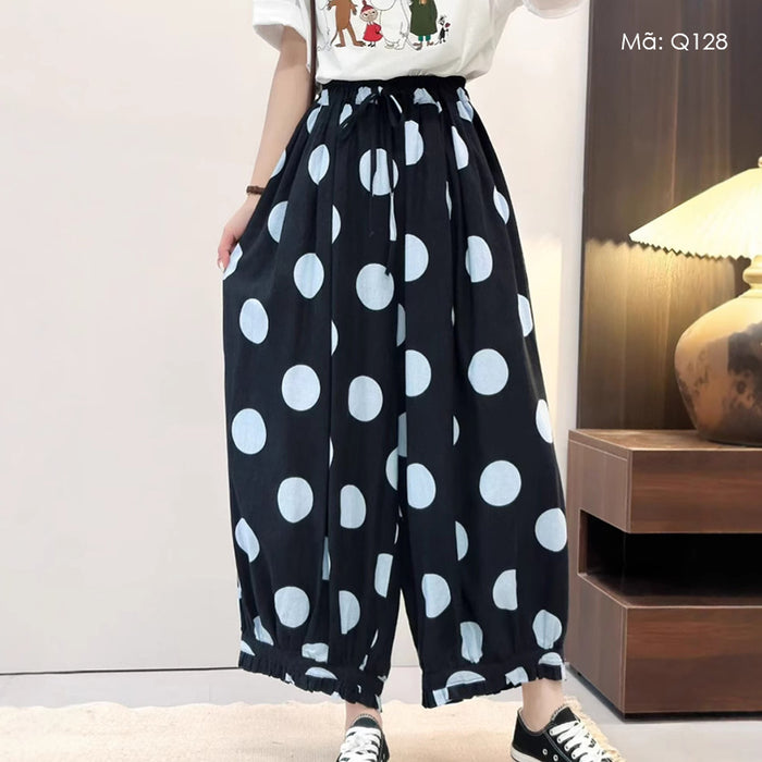 Quần baggy lửng lưng thun ống rộng chấm bi lớn - Q128