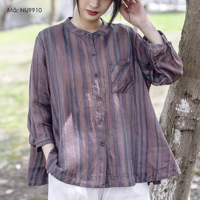 Áo sơ mi linen jacquard tay lửng cổ đứng kẻ sọc - NU9910