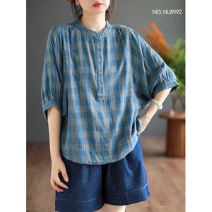 Áo T-shirt linen ngắn tay cổ đứng kẻ caro - NU8992