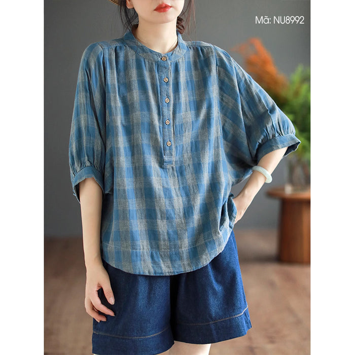Áo T-shirt linen ngắn tay cổ đứng kẻ caro - NU8992