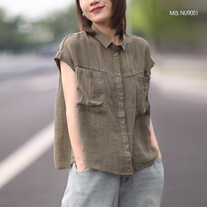 Áo sơ mi linen sát nách cổ đức hai túi vuông lớn đơn sắc - NU9051