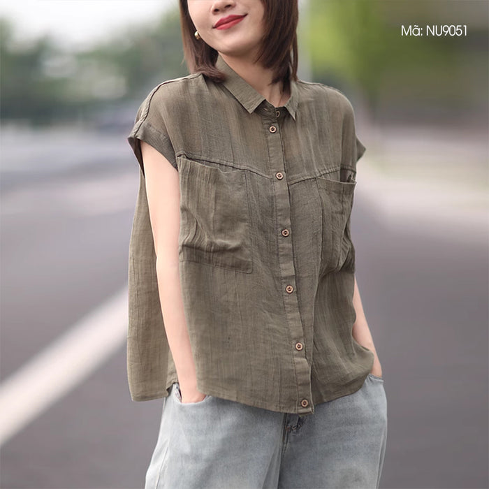 Áo sơ mi linen sát nách cổ đức hai túi vuông lớn đơn sắc - NU9051