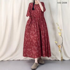 Đầm liền linen ngắn tay cổ tròn chiết eo khuy lệch - D058