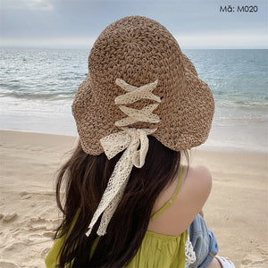 Mũ cói móc tay retro vành rộng kiểu đan dây - M020