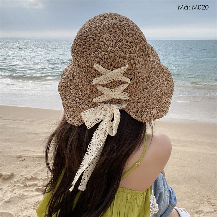 Mũ cói móc tay retro vành rộng kiểu đan dây - M020