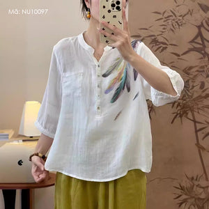 Áo sơ mi linen ngắn tay cổ đứng in lông vũ - NU10097