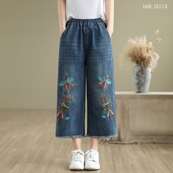 Quần baggy denim lửng lưng thun thêu những chú bướm - Q113