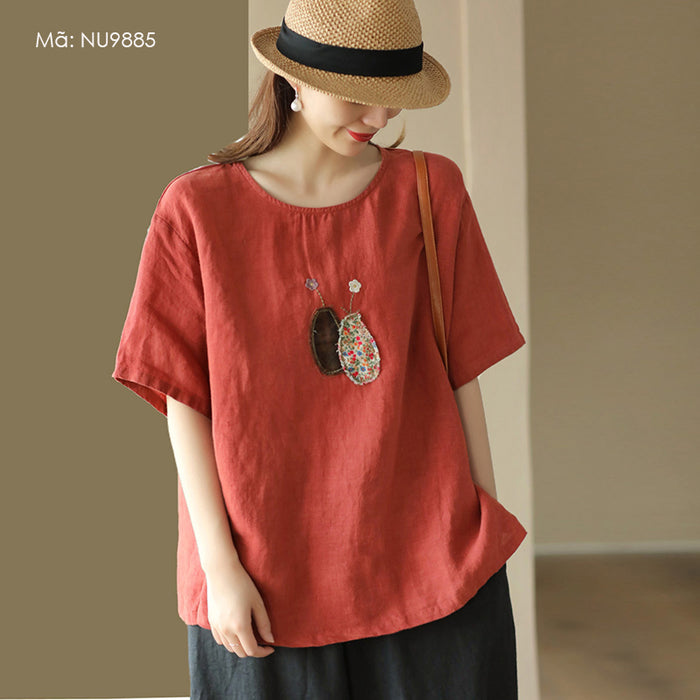 Áo T-shirt linen ngắn tay cổ tròn thêu cặp bình hoa - NU9885