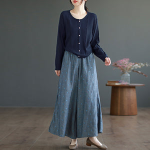Quần baggy linen lưng ống rộng thêu hoa văn - NU8696