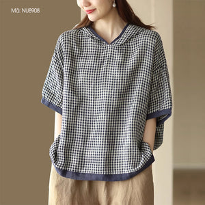 Áo hoodies linen ngắn tay kẻ caro - NU8908