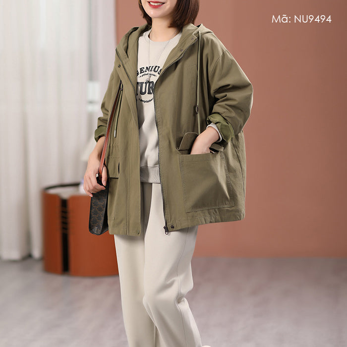 Áo khoác retro dài tay có mũ form rộng hai túi vuông - NU9494
