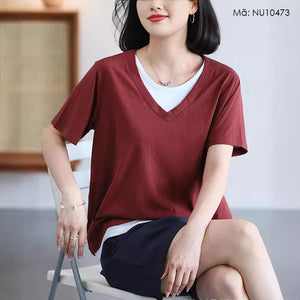 Áo T-shirt ngắn tay cổ V kiểu hai lớp lệch màu - NU10473