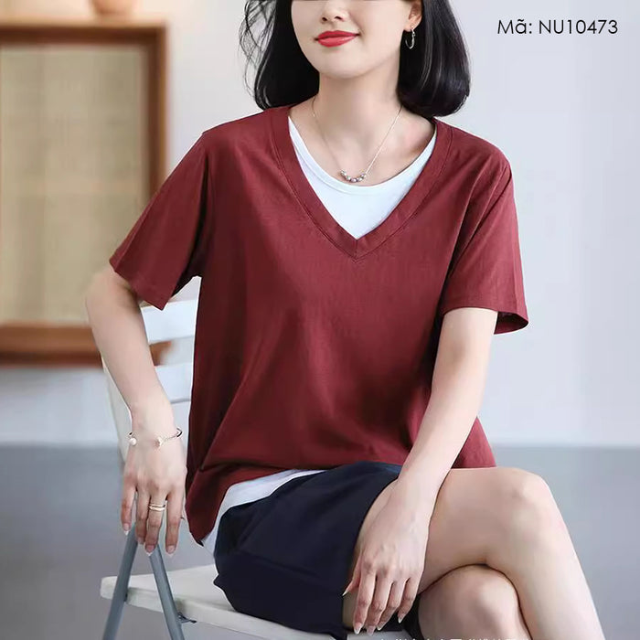 Áo T-shirt ngắn tay cổ V kiểu hai lớp lệch màu - NU10473