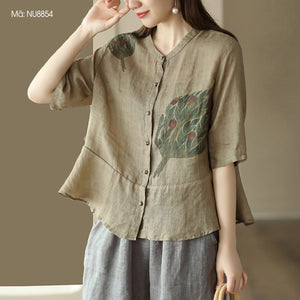 Áo sơ mi linen ngắn tay cổ tàu in hoa lá retro khuy tròn - NU8854