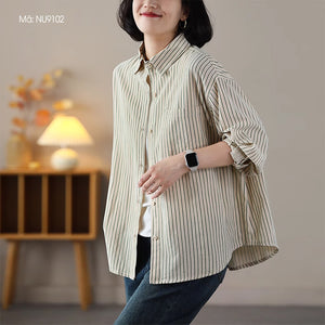 Áo sơ mi dài tay cổ đức một túi vuông kẻ sọc form rộng - NU9102