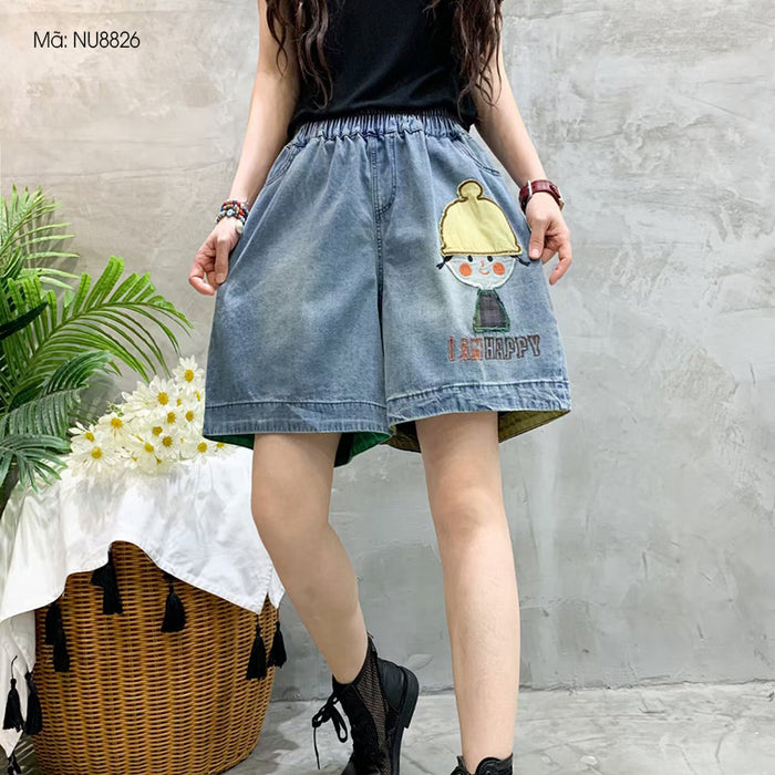 Quần sooc denim lưng thun đính cô bé đội mũ - NU8826