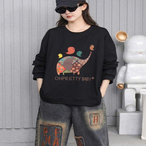 Áo T-shirt dài tay cổ tròn thêu chú voi cách điệu - A258
