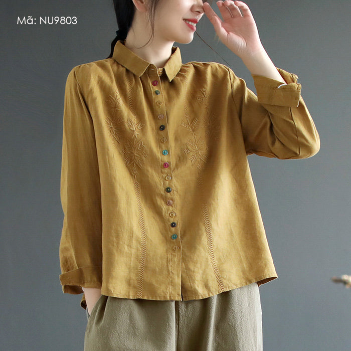 Áo sơ mi linen dài tay cổ đức thêu khuy sắc màu - NU9803