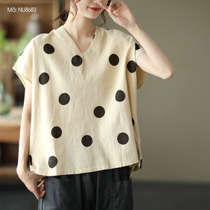 Áo T-shirt linen ngắn tay cổ V chấm bi - NU8683