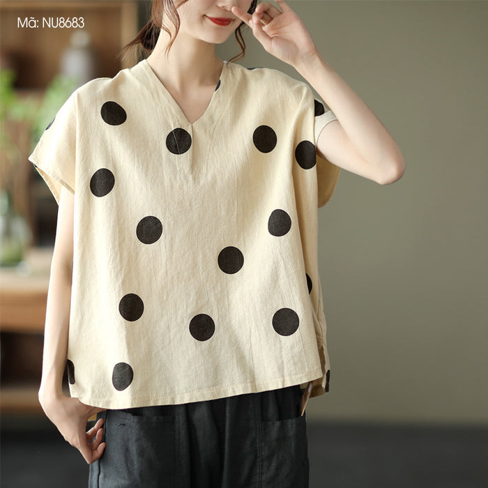 Áo T-shirt linen ngắn tay cổ V chấm bi - NU8683