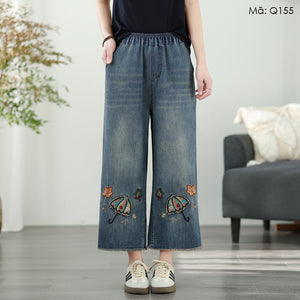 Quần baggy denim lửng lưng thun thêu chiếc ô - Q155