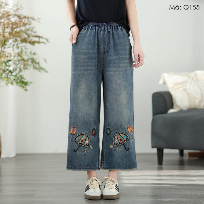 Quần baggy denim lửng lưng thun thêu chiếc ô - Q155