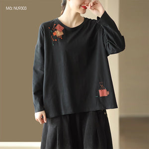 Áo T-shirt dài tay cổ tròn tròn đơn sắc thêu chắp vá - NU9303
