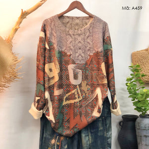 Áo len dài tay cổ tròn in retro và net cọ - A459
